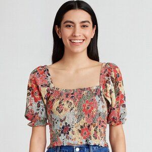 Monteau Floral Smocked Crop Top Puff Sleeve Boho Y2K